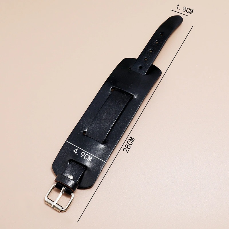 Black wide genuine leather bracelet with measurements of 28cm length, 4.9cm width, and 1.8cm strap.