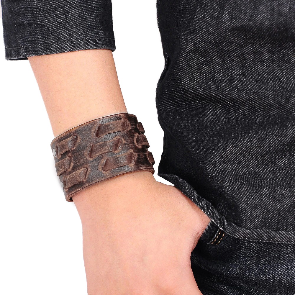 Stylish brown wide genuine leather bracelet showcased on a wrist, perfect for vintage punk fashion.