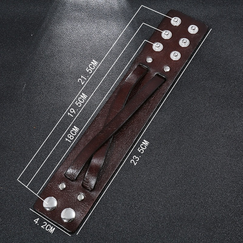 Wide leather punk bracelet dimensions showing adjustable fit for men and women fashion accessories.