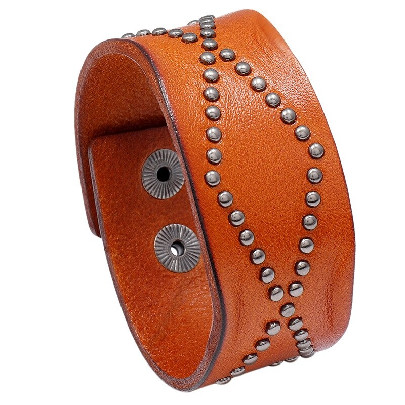 Vintage orange wide leather bracelet with silver rivets, perfect for punk rock style lovers.