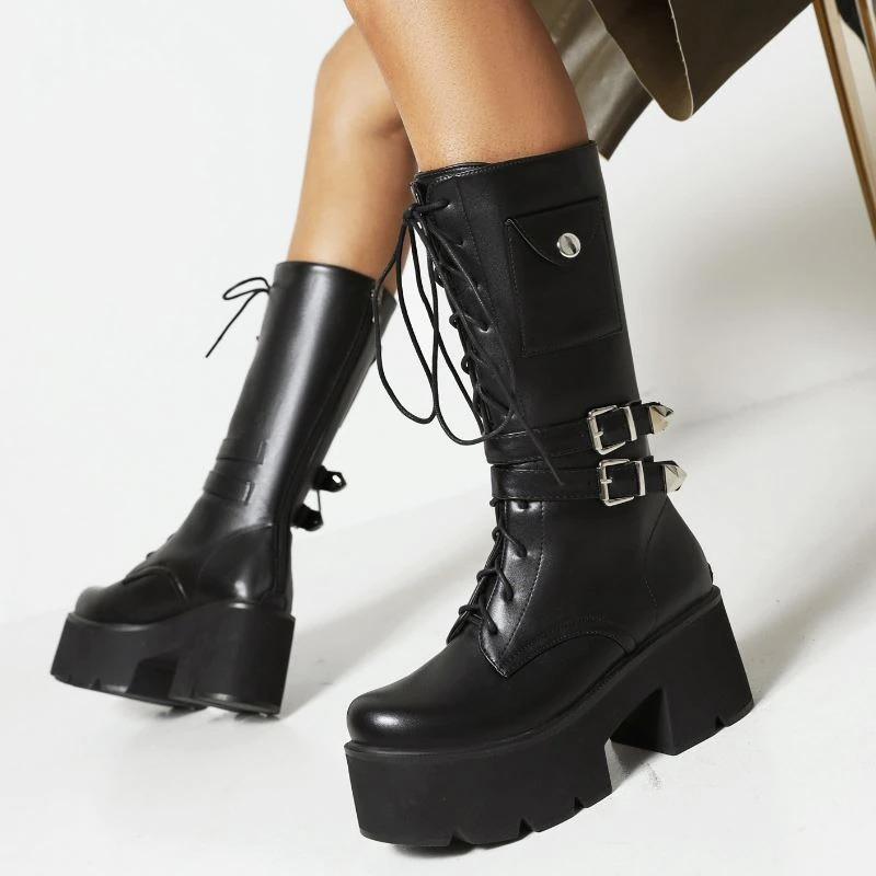 Fashion Warm Women Long Boots / Female Black Shoes of Mid-Calf with Lace-up - HARD'N'HEAVY