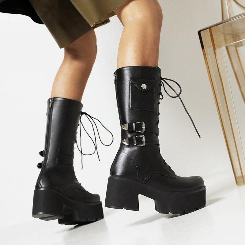 Fashion Warm Women Long Boots / Female Black Shoes of Mid-Calf with Lace-up - HARD'N'HEAVY
