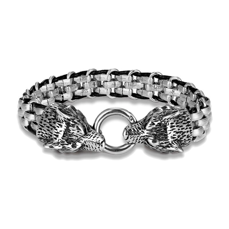 Fashionable silver wolf head men's bracelet, showcasing punk rock style with unique lock design and chain link.