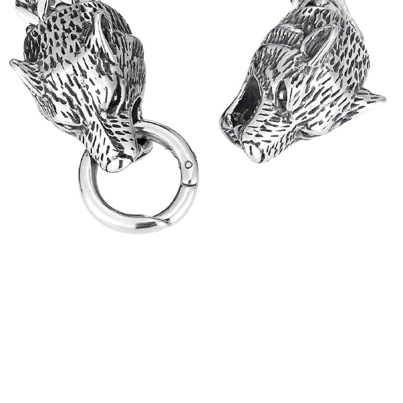Punk rock men's bracelet featuring stylish wolf head design and unique locking mechanism for trendy outfits.