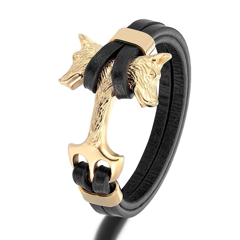 Punk style men's leather bracelet featuring wolf heads, unique lock design, perfect for fashion-forward individuals.