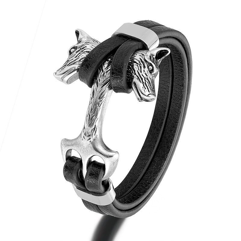 Men's punk leather bracelet featuring two wolf heads as the unique locking mechanism, perfect for bold fashion statements.