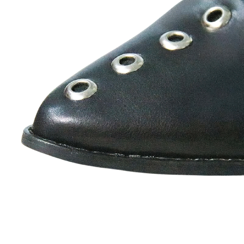 Close-up of women's black PU leather ankle boot with silver rivets, perfect for casual and trendy everyday wear.
