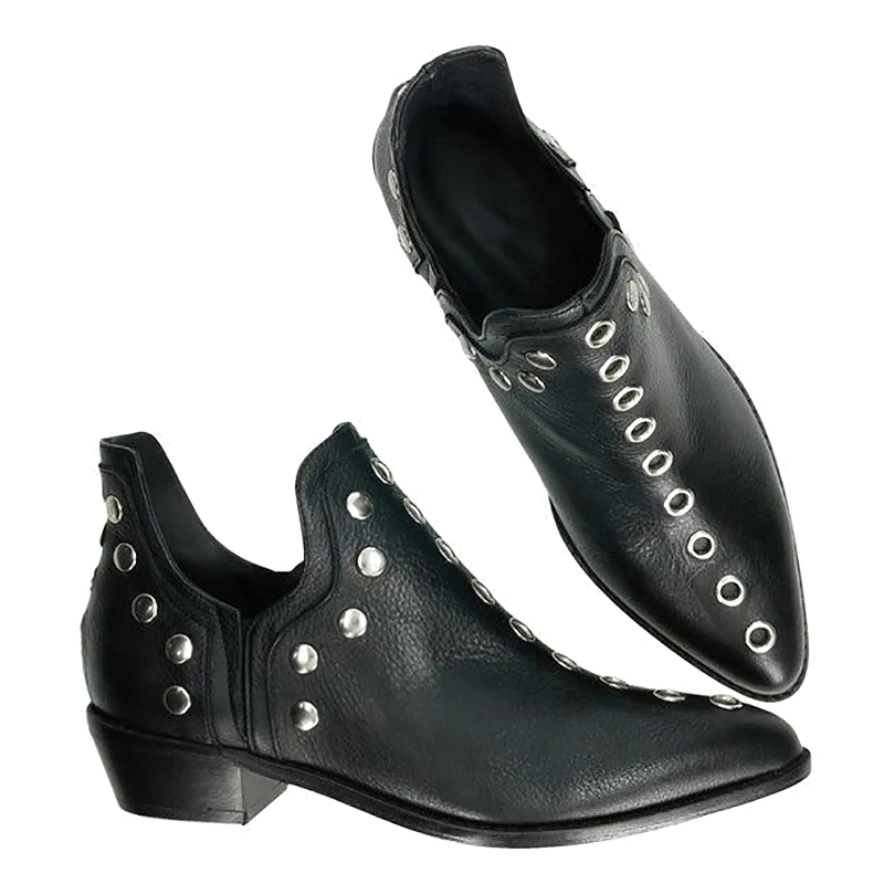 Stylish black ankle boots for women with silver rivets, perfect casual footwear with low heels for everyday wear.