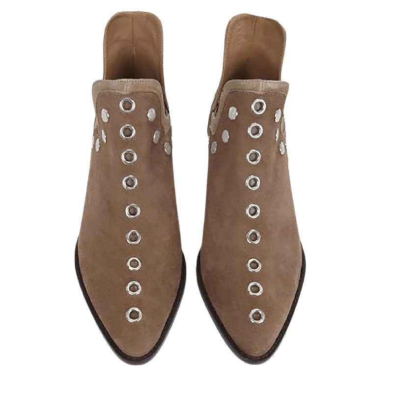 Fashionable women's ankle boots in tan PU leather with silver rivets, perfect for casual everyday wear.
