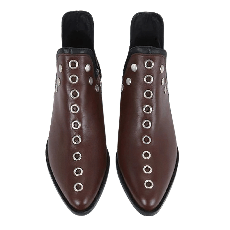 Trendy women's brown ankle boots with silver rivets, perfect casual footwear for everyday wear.
