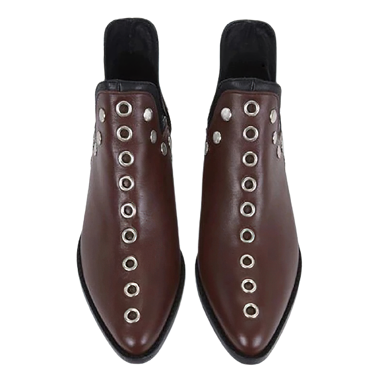 Fashion women's ankle boots in brown PU leather with silver rivets, perfect casual low-heel footwear.