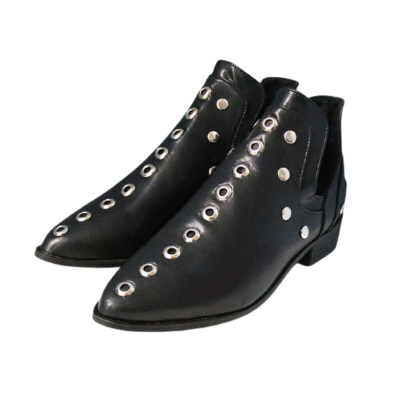 Trendy black ankle boots for women with silver rivets, perfect for casual wear with low heels.