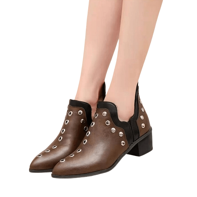 Fashion women ankle boots with rivets in brown PU leather, perfect for casual style and everyday wear.