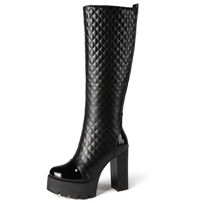 Stylish women's knee-high black PU leather boots with high heels and quilted design, perfect for casual wear.