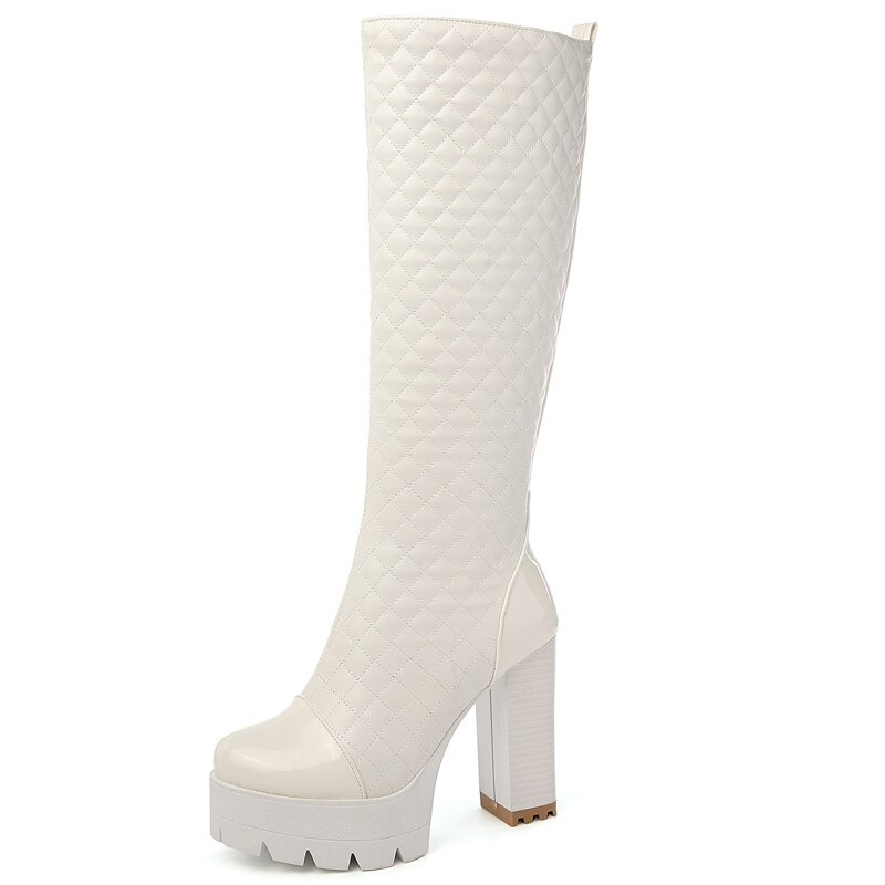Stylish women's high heels knee-high boots in white PU leather, featuring a trendy design and comfortable platform.