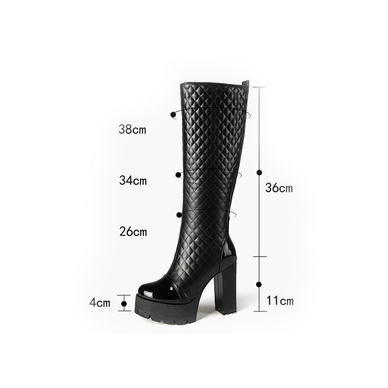 Stylish black knee-high PU leather boots with platform heels, featuring a quilted design and measurements for the perfect fit.