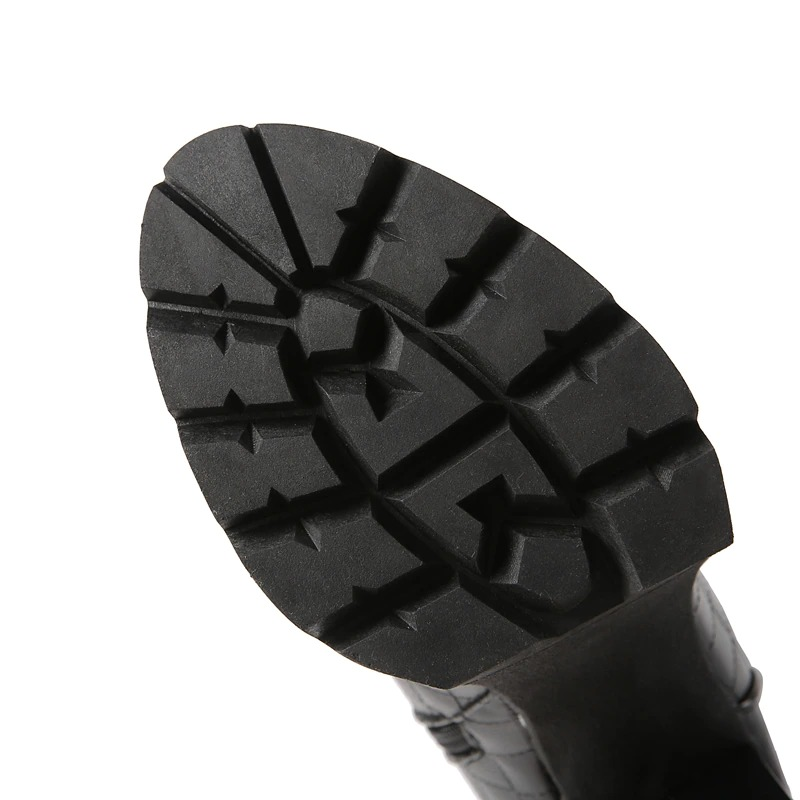 Sole design of stylish high heel knee high boots featuring durable tread for comfort and grip.