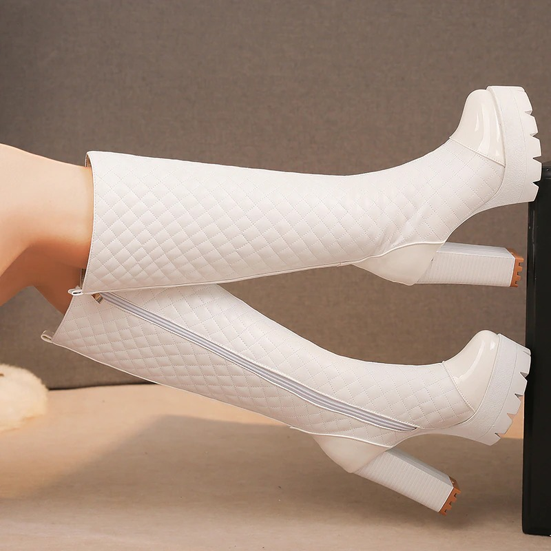 Stylish women's knee high white PU leather boots with platform heels and zipper detail, perfect for casual fashion.