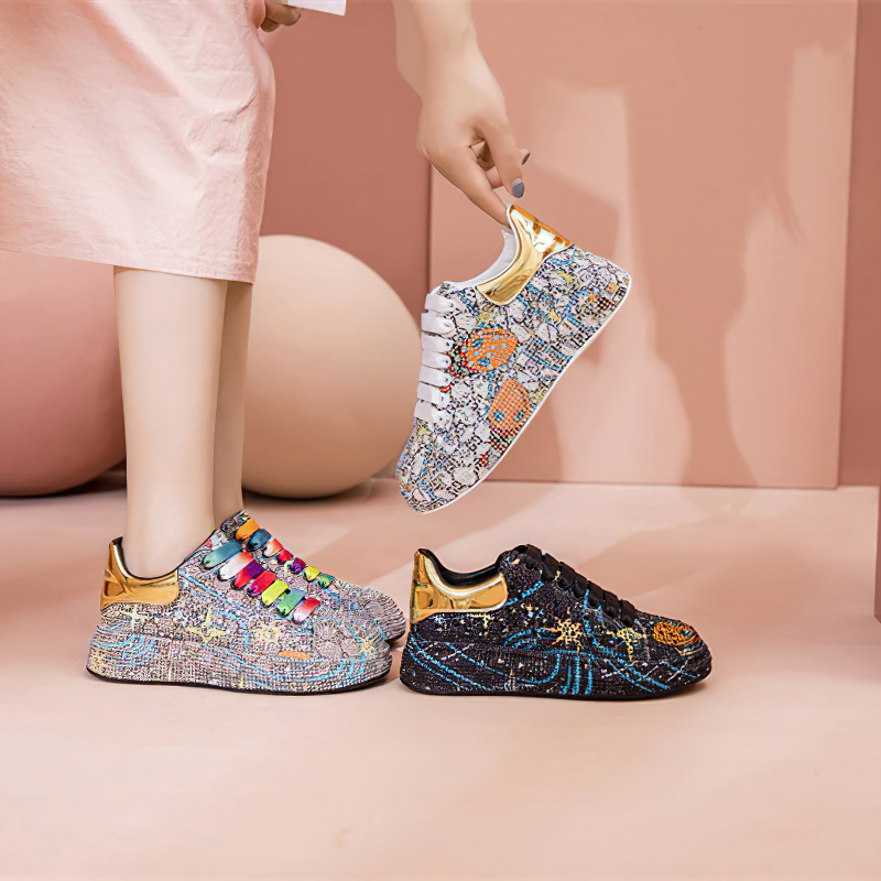 Fashion women's platform sneakers in shiny designs with rhinestones, featuring vibrant colors and stylish details.