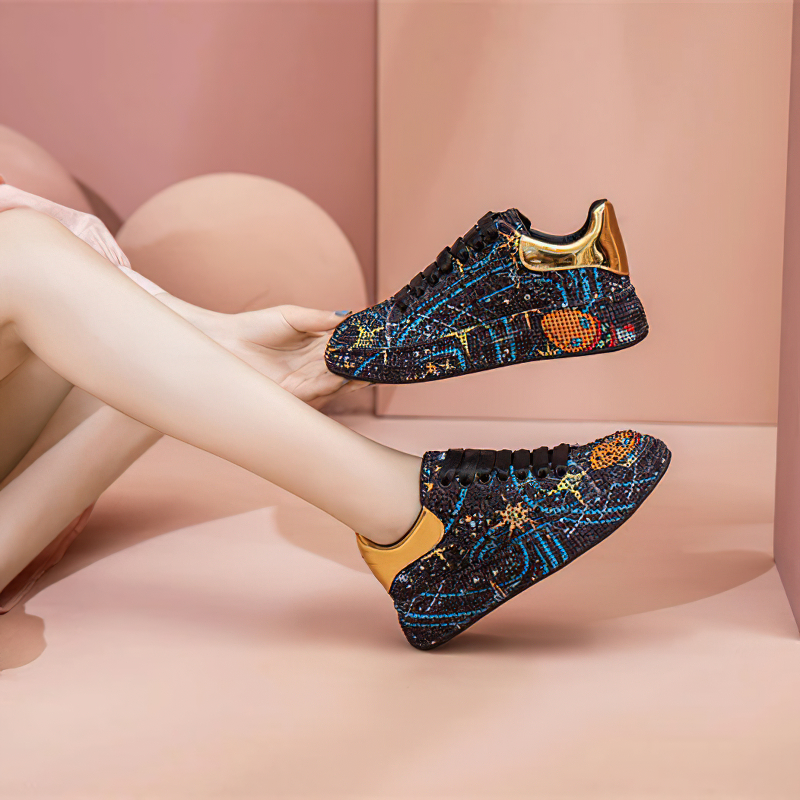 Shiny platform women's sneakers with rhinestones in colorful design for a fashionable look.