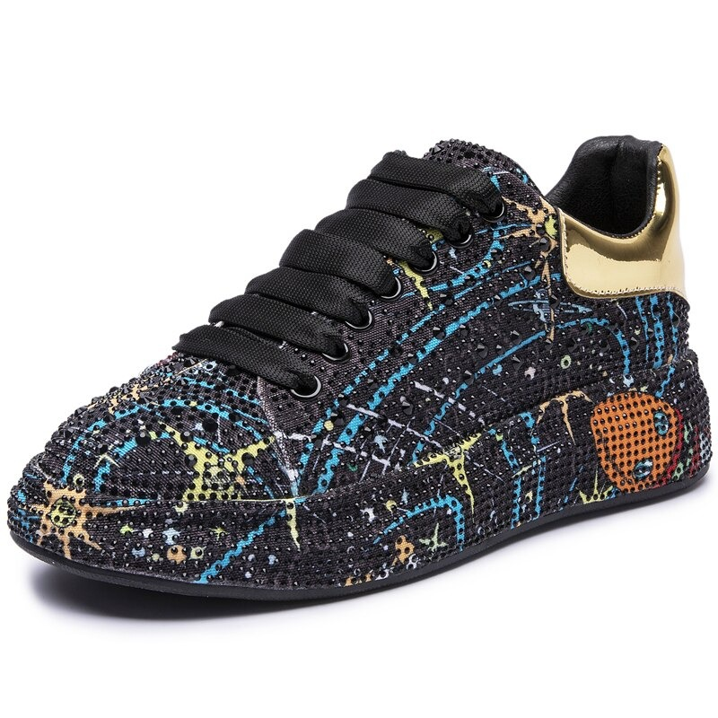 Fashion women sneakers on platform with shiny rhinestones, featuring a colorful design and black laces.