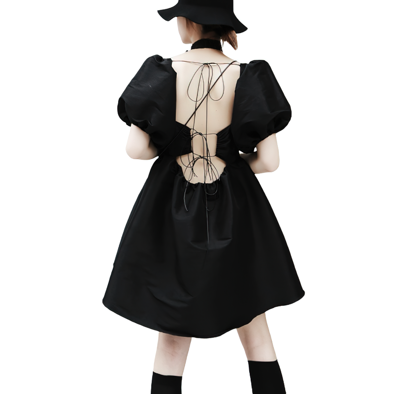 Fashion women's black mini dress with puffy short sleeves and lace-up back detail, perfect for gothic style outfits.