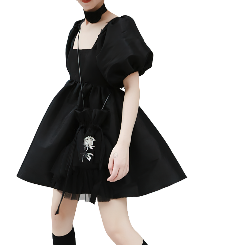 Fashion women's gothic style back dress with short puffy sleeves, perfect for a cool, chic look.