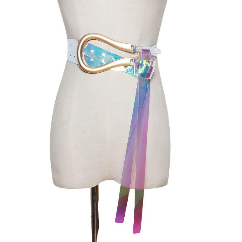 Trendy women's belt featuring a unique gold buckle and colorful ribbons, perfect for stylish outfits.