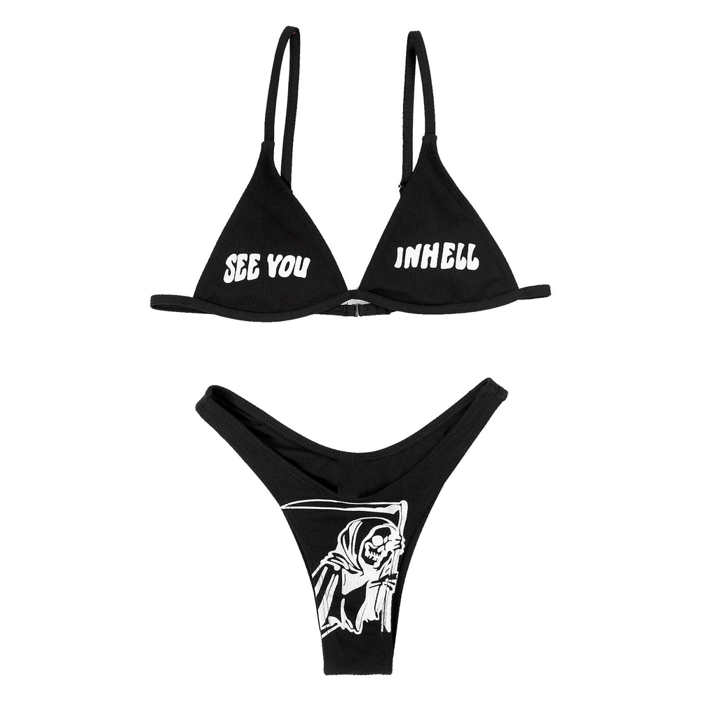 Trendy black women's bikini set with print, featuring 'See You in Hell' on top and a grim reaper design on the briefs.