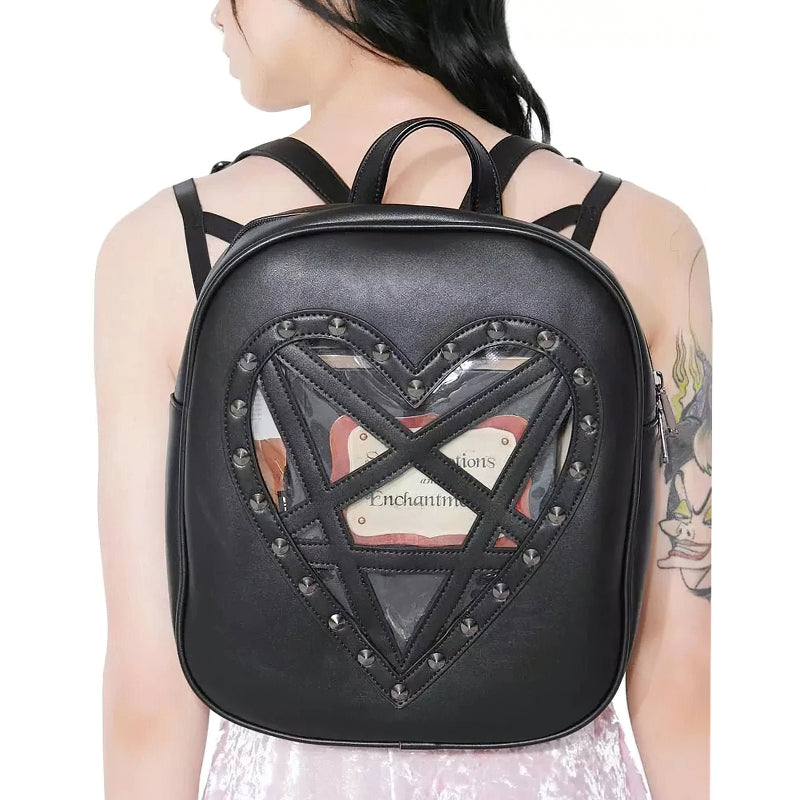 Trendy women's black gothic style backpack with heart design and rivets, perfect for fashion lovers.
