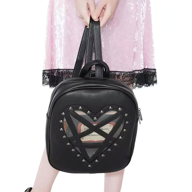 Fashion women's black gothic backpack with heart design and rivets, perfect for trendy, stylish looks.