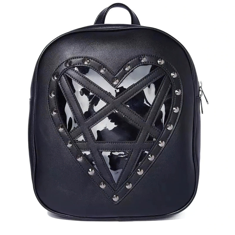 Trendy black backpack with transparent heart design, rivets, and belts for a gothic style.