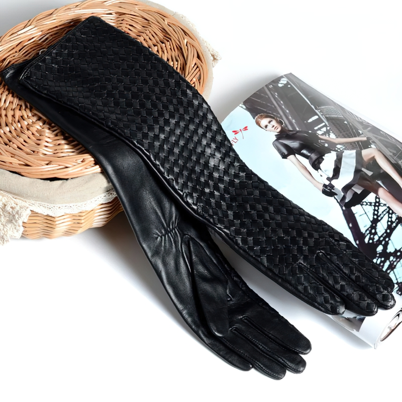 Fashion Women's Black Leather Gloves / Long Gloves Hand Woven with Sheepskin - HARD'N'HEAVY