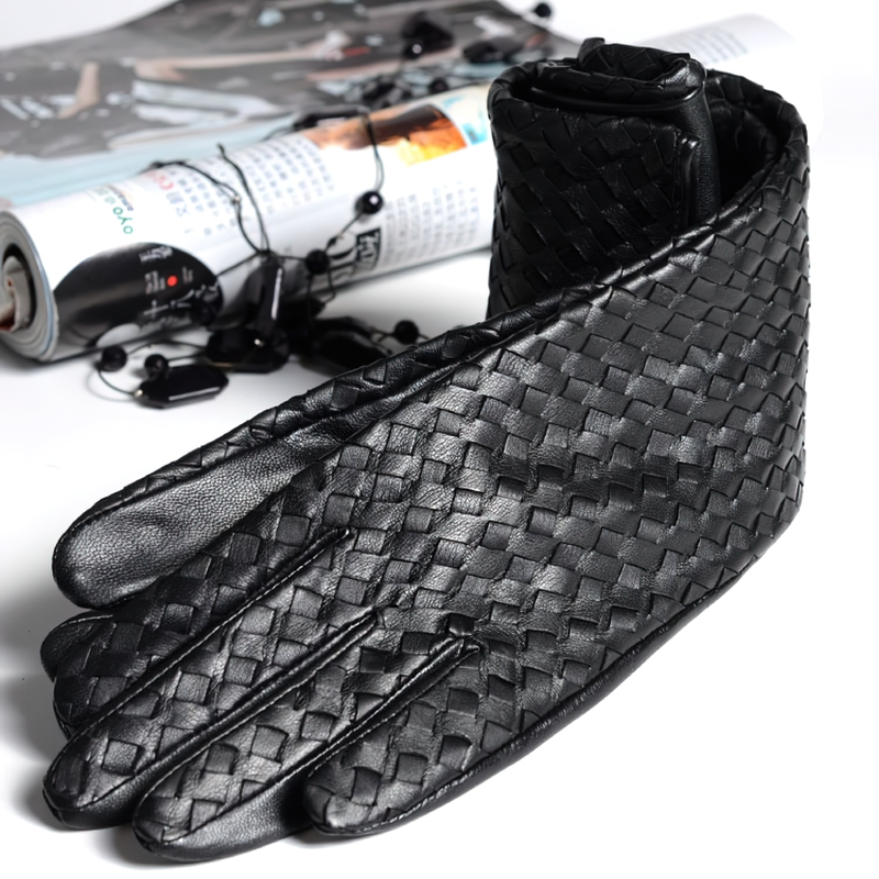 Stylish women's black leather gloves, hand-woven with sheepskin for a luxurious gothic look, perfect for autumn and winter.