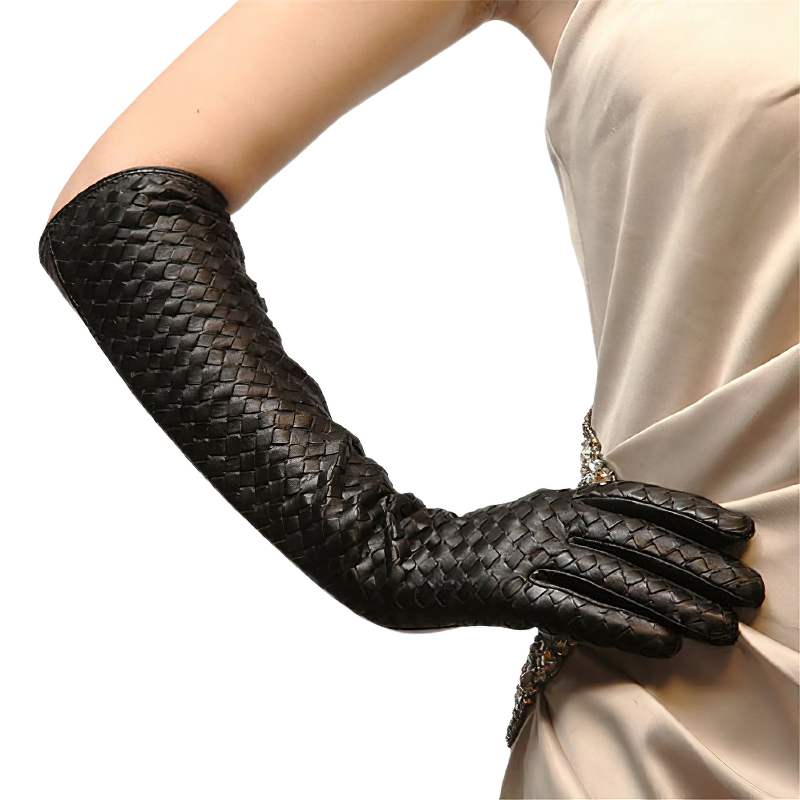 Elegant long black leather gloves, hand woven, perfect for Gothic style outfits in autumn and winter.