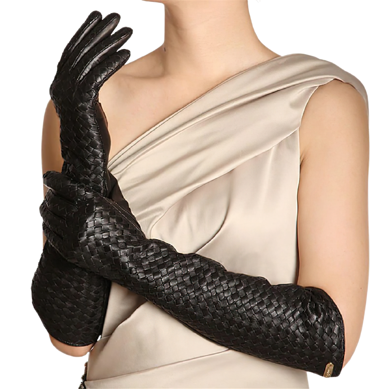 Elegant women's long black leather gloves, hand woven with sheepskin in a gothic style, perfect for any chic outfit.