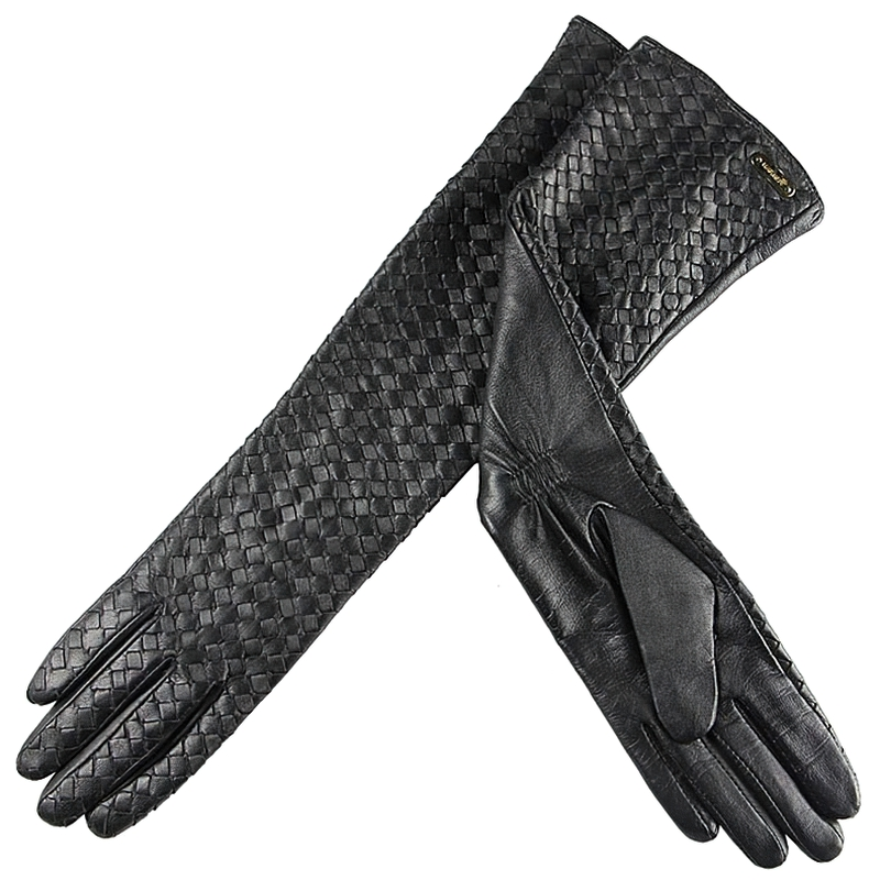 Luxurious women's black leather long gloves, hand woven with sheepskin for a stylish gothic look.