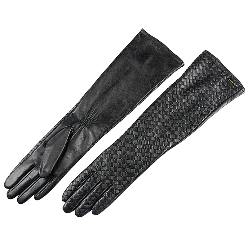 Fashion women's long black leather gloves, hand woven with sheepskin, perfect for gothic style outfits.