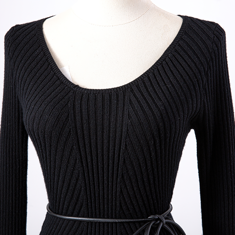 Fashion Women's Black O-neck Knitted Sweater / Pullover Sweaters with Leather and Lace Up - HARD'N'HEAVY