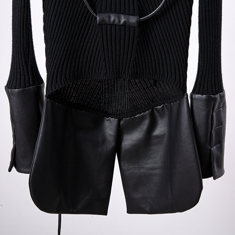 Fashion Women's Black O-neck Knitted Sweater / Pullover Sweaters with Leather and Lace Up - HARD'N'HEAVY