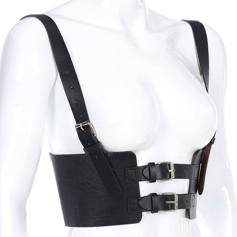 Black PU leather corset belt with buckles in punk style, featuring wide waistband and adjustable straps for a bold, edgy look.