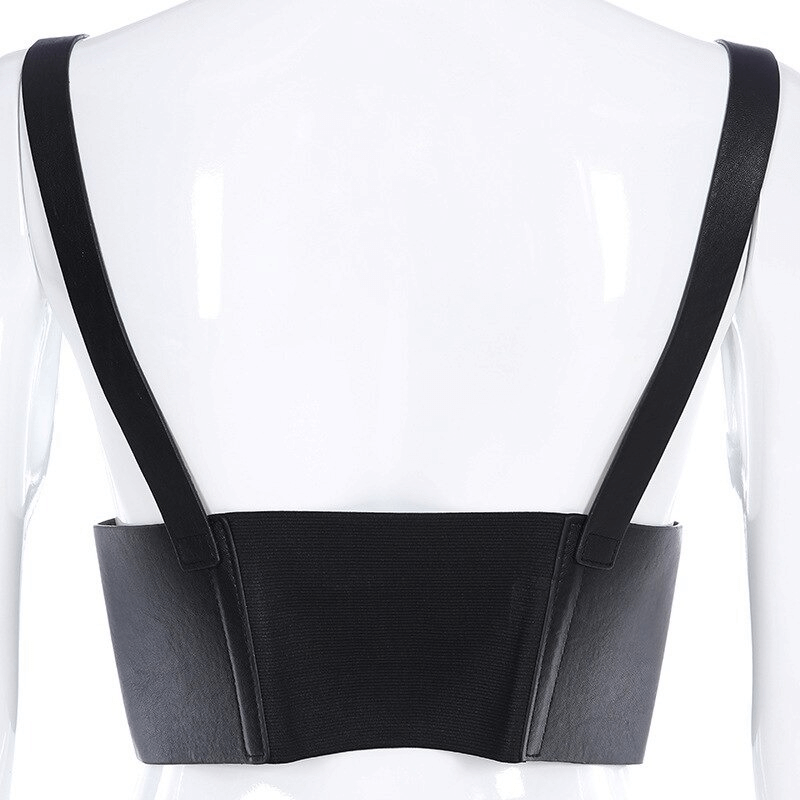 Women's black PU leather corset belt with waistband buckle in punk style, back view showing elegant wide belt design.