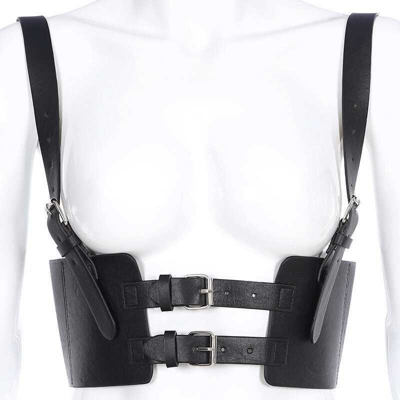 Women's black PU leather corset belt with buckles, punk style fashion accessory.