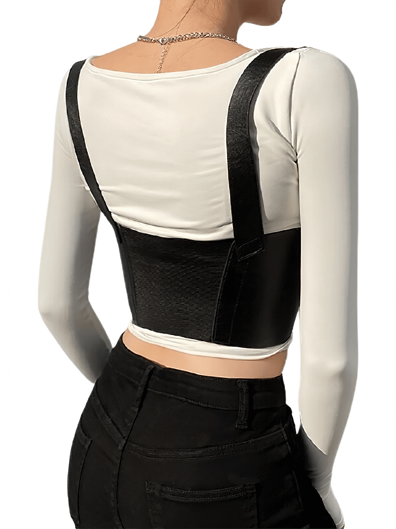 Back view of woman wearing black PU leather corset belt in punk style, paired with a white top and black pants.