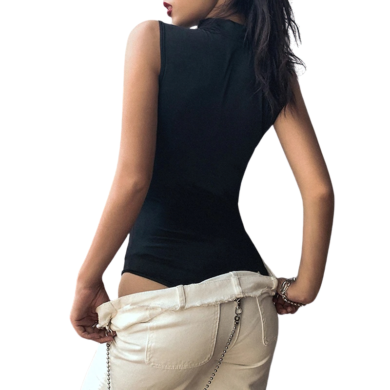 Stylish women's black sleeveless jumpsuit highlighting a slim fit back view, perfect for casual outfits.