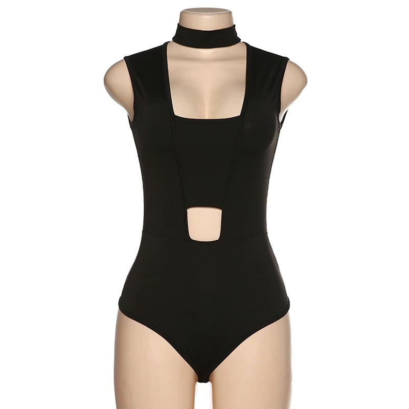 Stylish black sleeveless jumpsuit with choker neckline and cutout detail for a sexy, trendy look.