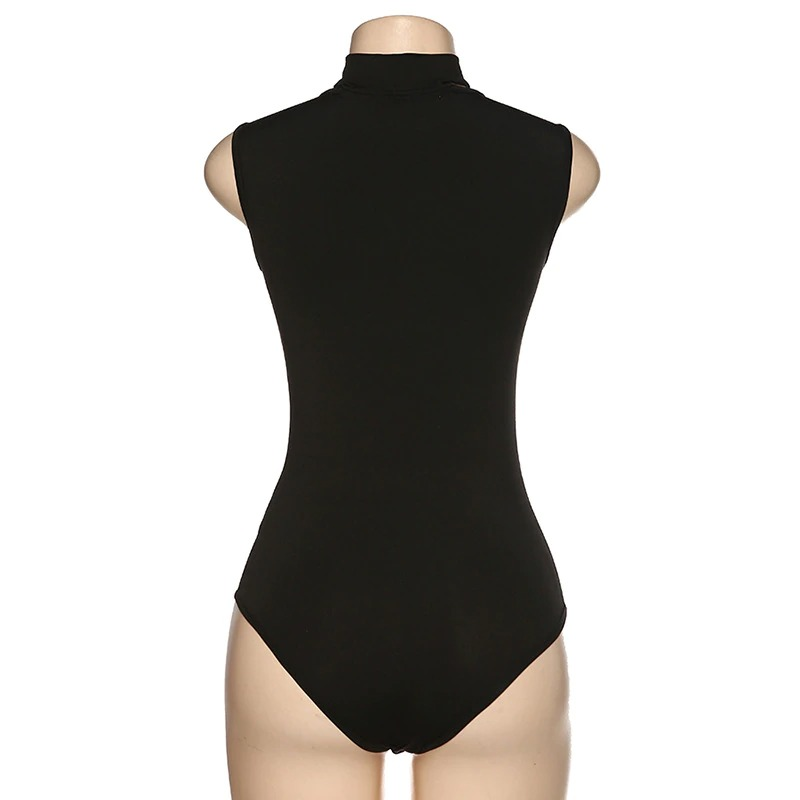 Back view of a women's black sleeveless jumpsuit, featuring a slim fit and stylish design for casual elegance.
