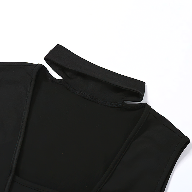 Close-up of the collar detail on a women's black sleeveless jumpsuit in a sleek design.