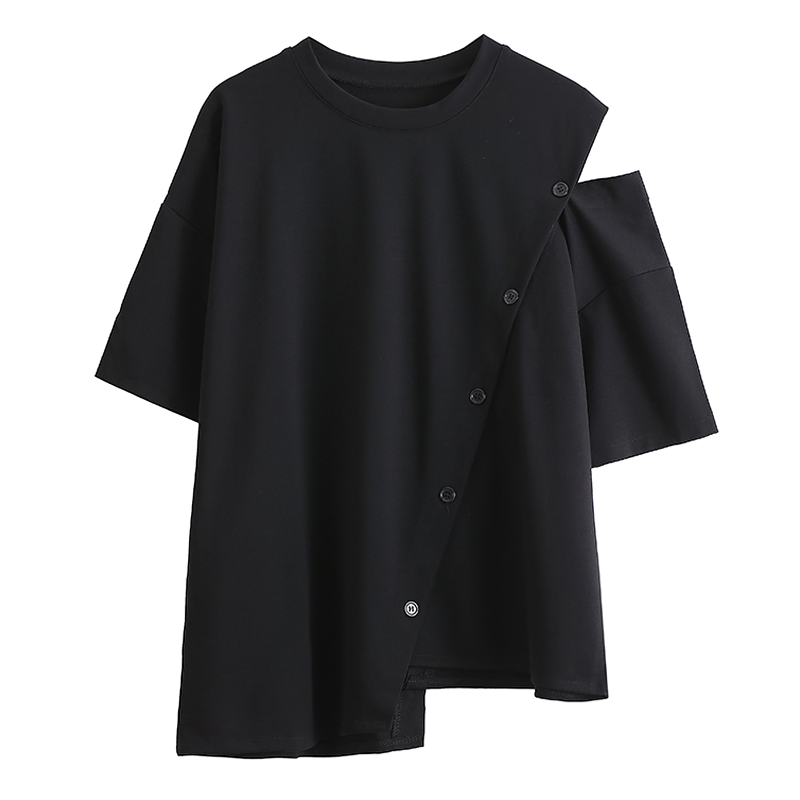 Trendy women's black t-shirt with buttons, round neck, half sleeves, and asymmetrical design for stylish outfits.