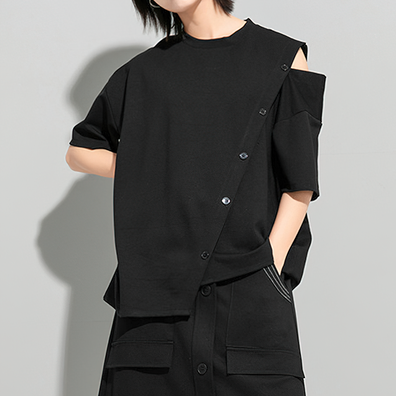 Fashion women's black T-shirt with buttons and half sleeves, featuring a trendy asymmetric design.
